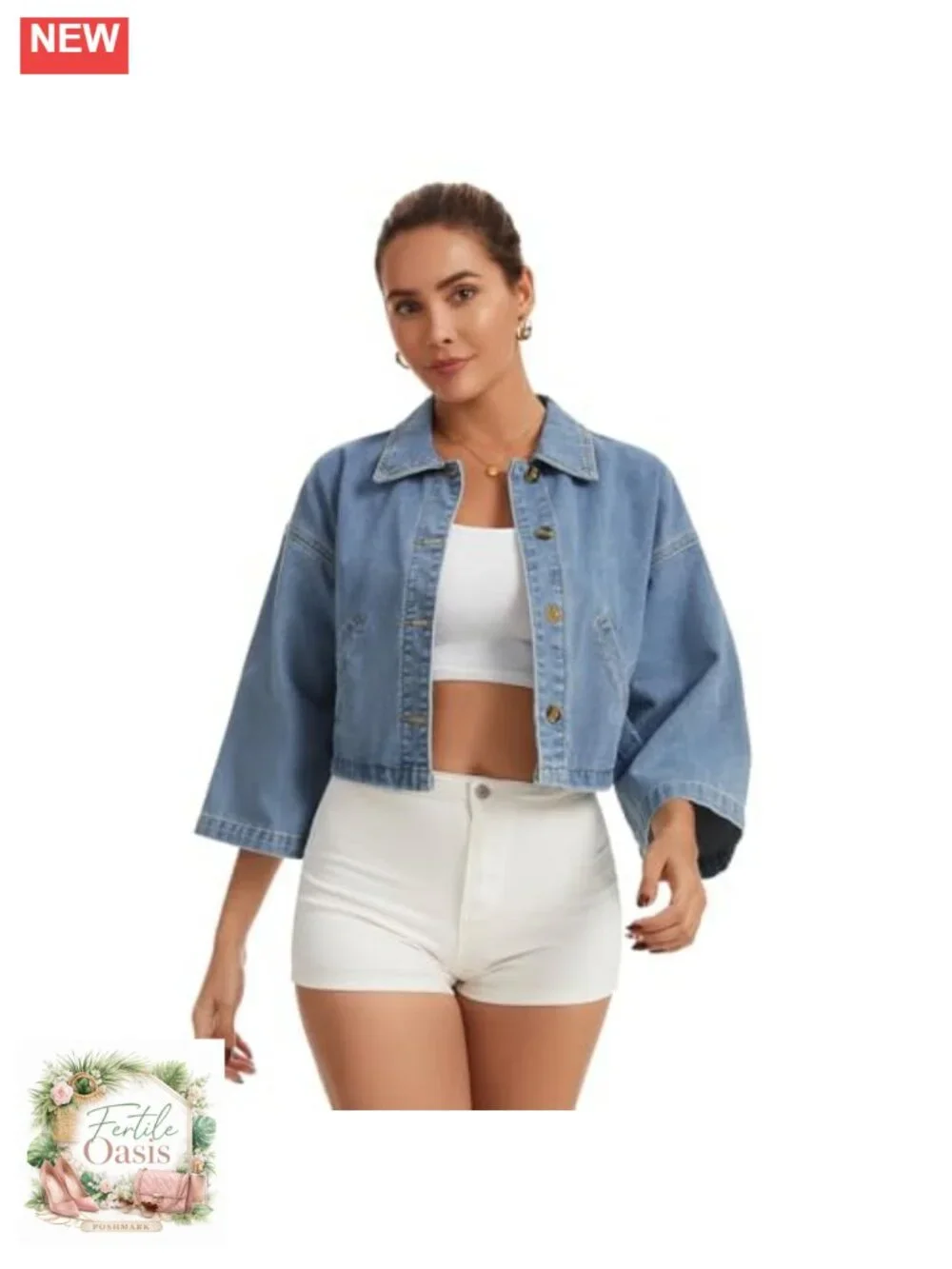 Womens Denim Jacket 3/4 Sleeve Casual Button Down Crop Jean Shirt
